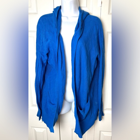 Anthro SPARROW Crystal Coast Cardigan Sweater Blue Pointelle Knit Linen Hoodie - Picture 7 of 14